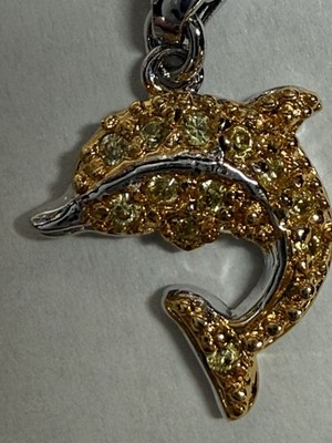 Dolphin Pendant, Silver /tone With Gold Tone And CZ Stones, W/ SS Necklace.