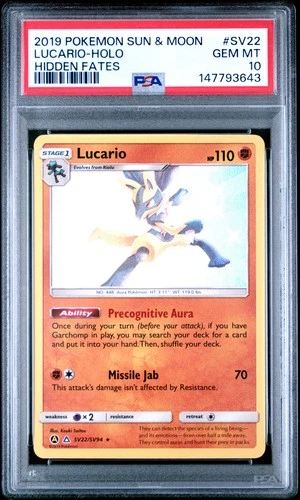2019 POKEMON SUN & MOON HIDDEN FATES #SV22 LUCARIO-HOLO PSA 10