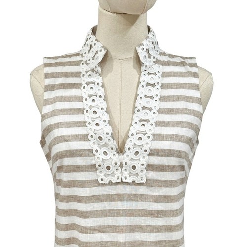 Eliza J Linen Blend Dress Size 2 Tan White Sleeveless Striped Coastal Nautical - Picture 3 of 10