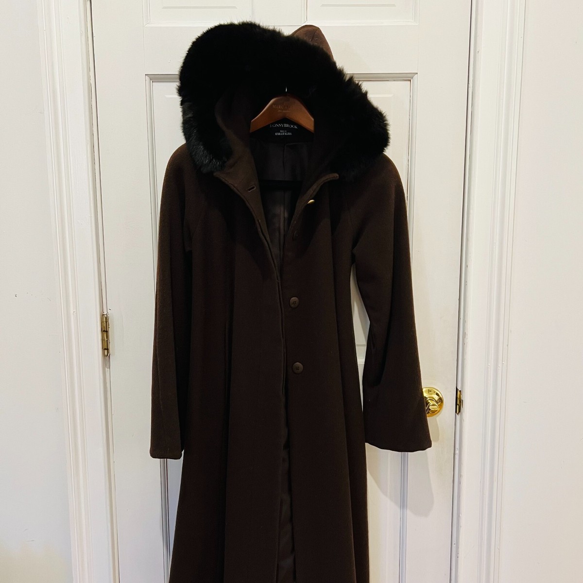 Donnybrook Women's Brown Wool Rabbit Fur Trim Hooded Maxi Wool
