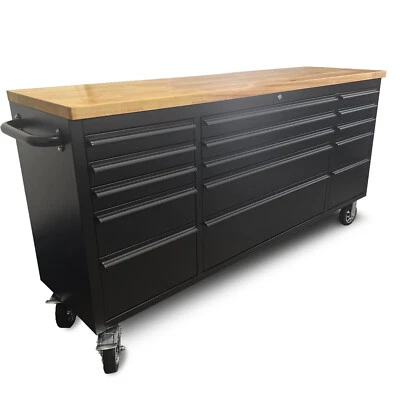 FACTORY IMAGE RACING 72" Matte Black Powder Coated Steel 15 Drawer Lockable Wooden Top Tool Chest