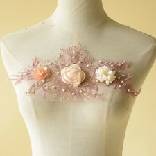 Sale 3D Silk Flowers Evening Dress Motif Beaded Costume Gown Lace Applique 1 PC