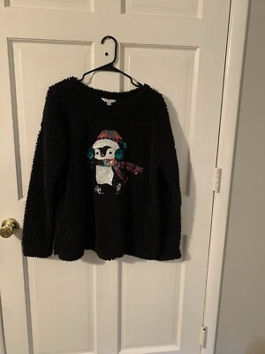 time and tru Black Sherpa Blouse With Cute Sequined Penguin Size Large 