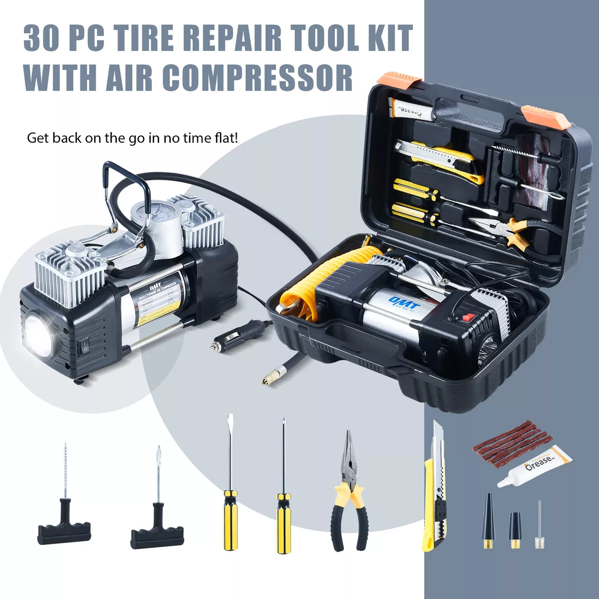 Portable Air Compressor Tire Inflator with Tire Repair Kit - 12V