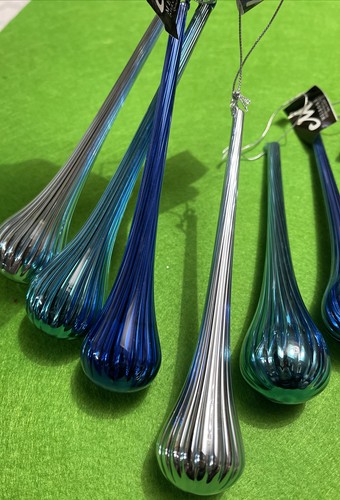 6 Blown Glass 6" Ribbed Teardrop ornaments - Blues - NEW w/Melrose Tag - Picture 5 of 6