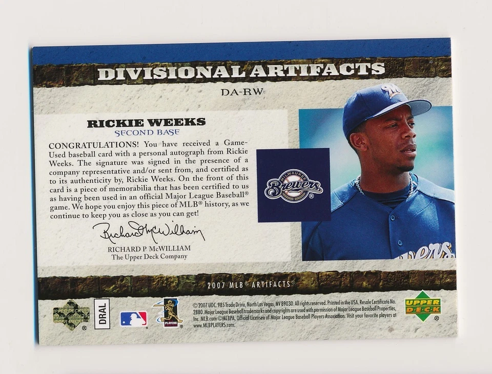 Artefactos de cubierta superior 2007 artefactos divisionales automático/25 Rickie Weeks #DA-RW automático Foto 2 de 2