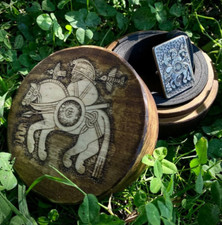 Leather Belt with Handcrafted Buckle Featuring Viking Odin Wooden Gift box