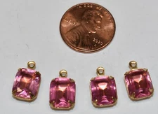 VINTAGE 4 OCTAGON GLASS PENDANT BEADS 8 x 10mm ROSE PINK BRASS SETTINGS