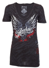 Archaic Affliction Women's T-Shirt Short Sleeve BIG LOVE Wings Heart Biker Black