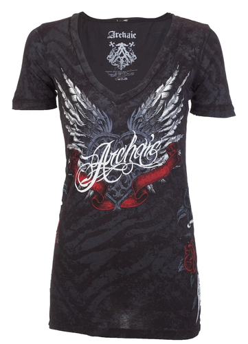Rebel Saint Affliction T-shirt Donna Affliction Rebel Saint, Stile Biker Garage Con Stampa Tatuaggio T-shirt Rebel Saint Affliction