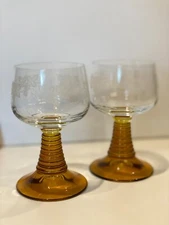 Two Vintage Roemer Amber Beehive Stem Wine Glasses with Etched Grape Botanical D