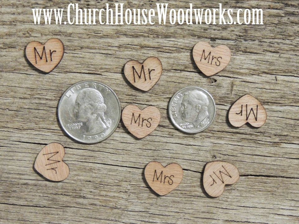 Mr, Mrs, Bride, Groom heart shaped, wood confetti, for rustic wedding, USA,decor - Image 2 of 4