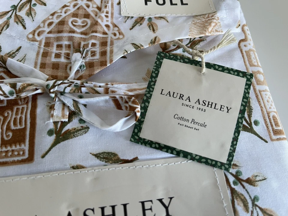 Laura Ashley Full Sheet Set Gingerbread House Gold 4pc Green NEW Christmas - Image 3 of 4