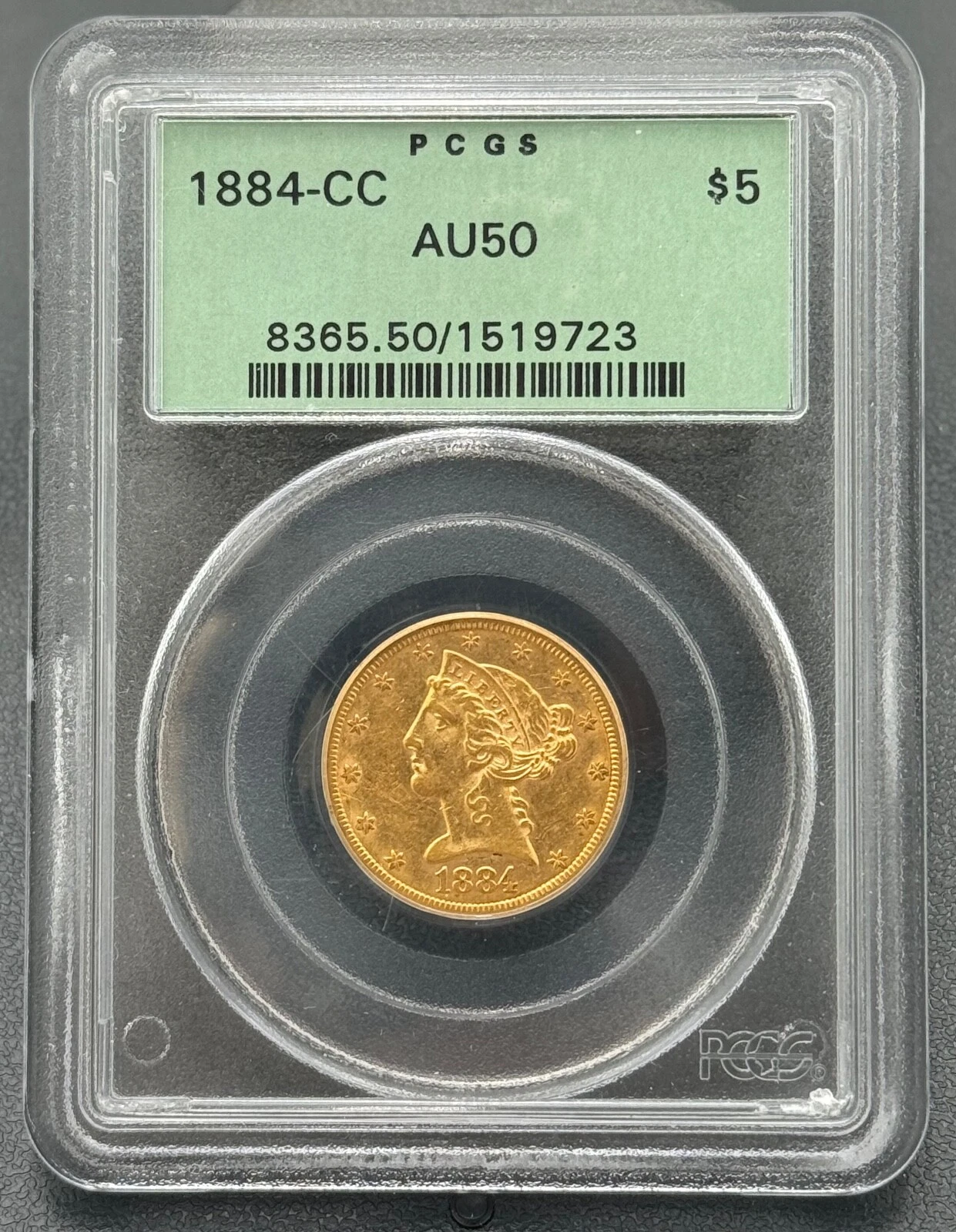 1884 CC $5 Liberty Half Eagle Gold Coin, PCGS AU 50, Low Mintage Better Date