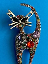 Multicolor Rhinestone Silver Cat Brooch  Box included