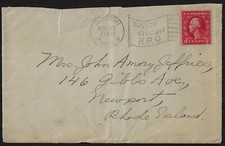 US 1914 RPO BOSTON ATTACHE 2 ¢ WASHINGTON TIMBRE ROTATIF VARIÉTÉ AVEC ENTAILLE SUR MENTON O