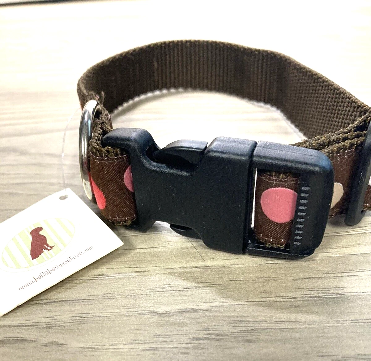 Bella Bean Couture Dog Collar Polka Dot Size Small Brown Pink White New with Tag