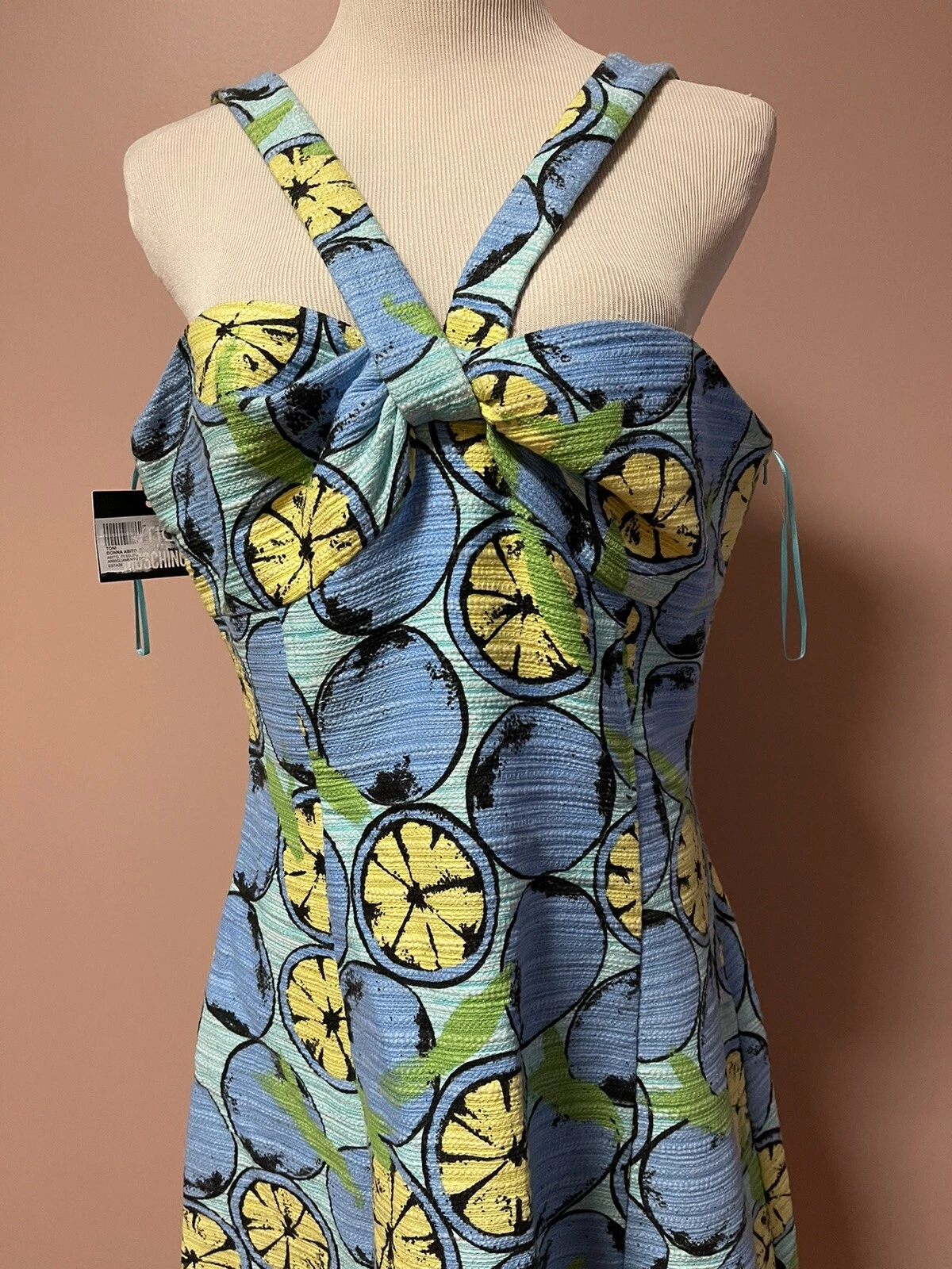 Boutique Moschino abito corto donna blu limoni taglia 46 nuovo con etichetta