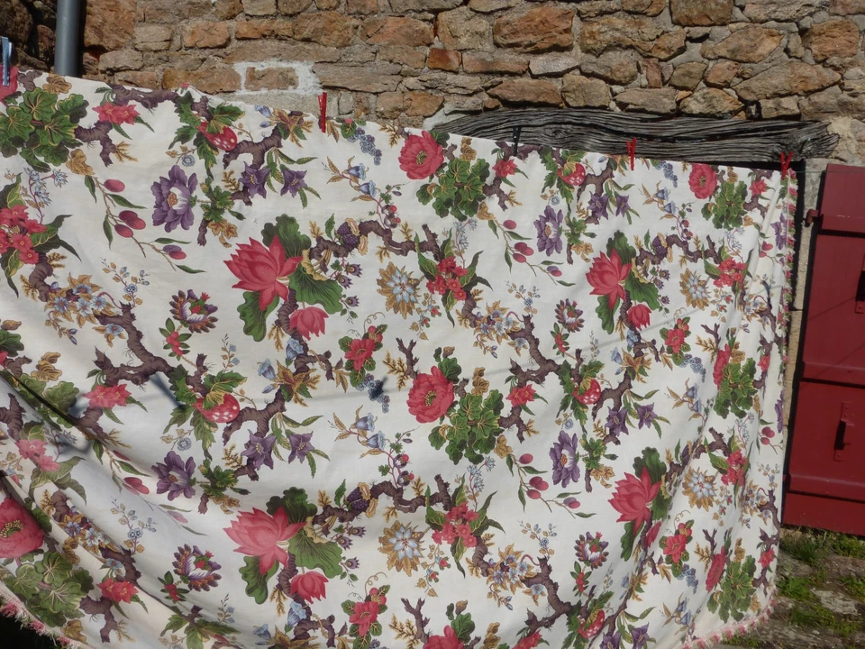 LONG RIDEAU ANCIEN VINTAGE FLEURI ARBRE DE VIE 1950 - Photo 4/4