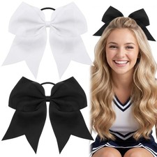 4 Pcs Cheer Bows Large White  Black Cheer Hair Bows Ponytail Holder Elastic ...