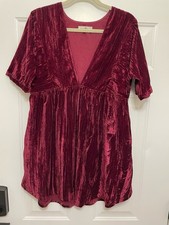 Natural Life Burgundy Crushed Velvet Festival BOHO Babydoll Mini Dress XS/S