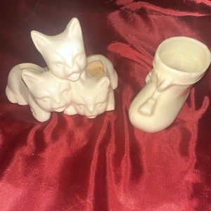 Glossy Beige Ceramic Cat and Boot Planters Set - Animal Theme Collectible