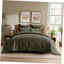 Luxury Velvet Quilt Set King Size, King/Cal King 108" x 92" Olive Green