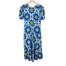Donna Morgan Midi Dress Sz 0 Blue Floral Jewel Neck Short Sleeve Retro Abstract