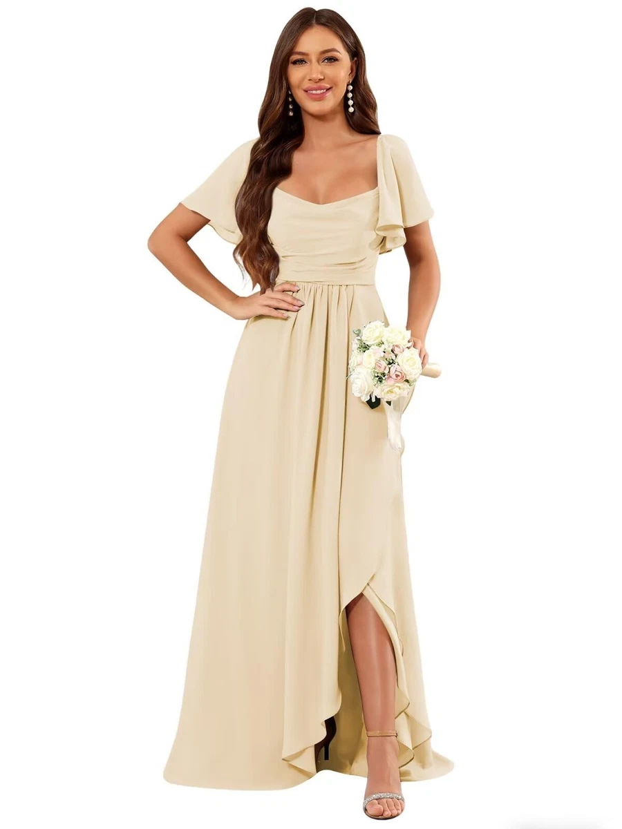 slim fit dress slacks BABARONI Satin Champagne Bridesmaid Dresses A-line One Shoulder Sleeveless  Floor-length – BABARONI UK main image 0