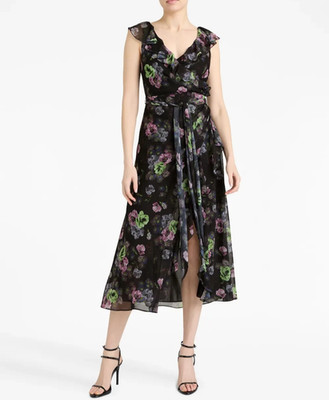 NWT- CINQ À SEPT 'Laure' Floral-Print Ruffle Midi-Dress, Midnight Multi -Size 10