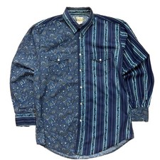 Vintage 90s Express Rider Mens L Shirt Pearl Snap Front Blue Paisley Stripe