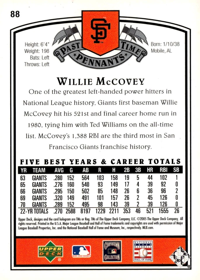 2005 UD Past Time Pennants #88 Willie McCovey - Image 2 of 2