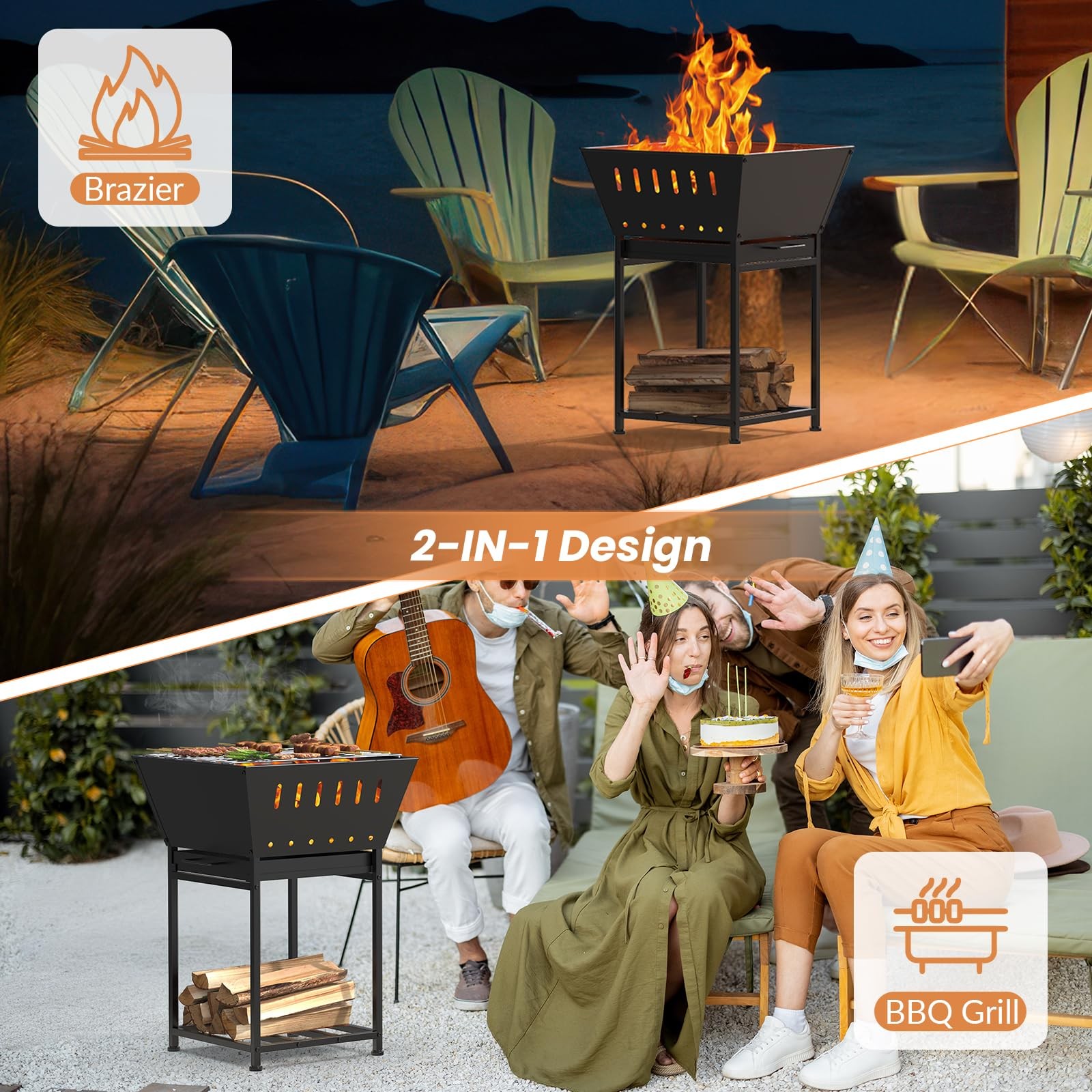 Wood Burning Fire Pit for Outside - 24 Inch Outdoor Fire Pit with Grill, 2-in...