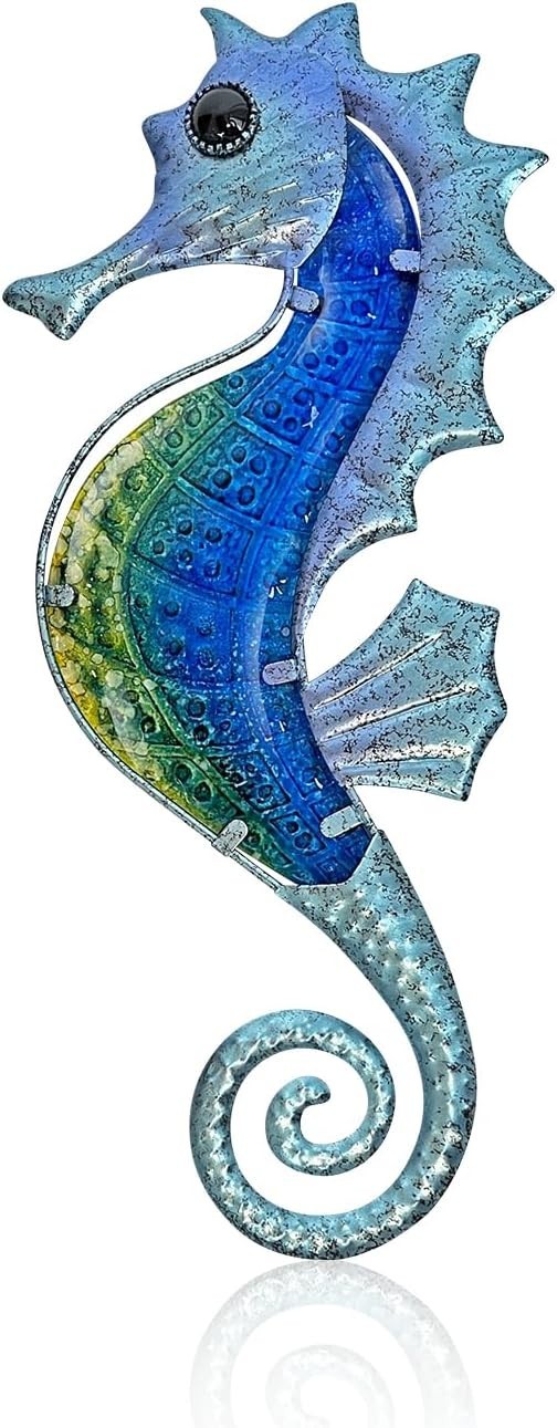 LIFFY Large Metal and Glass Seahorse Wall Decor, Sea Life Decor, Metal Fish Wall
