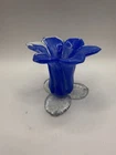 Vintage Murano Glass Blue Clear Flower Shape Bud Vase Hand Blown Italy Art Glass