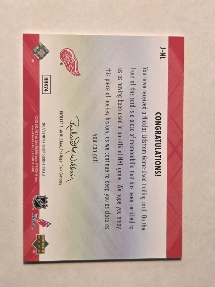 2007-08 Upper Deck Game Jersey Series 1 Nicklas Lidstrom #J-NL Detroit Red Wings - Image 2 of 3