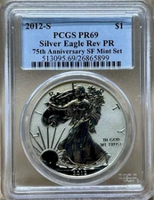 2012S Silver Eagle $1 PCGS Reverse Proof PR69 75th Anniversary SF Mint Toned