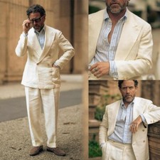 Men's Linen Suit Regular Fit Peak Lapel Formal Business Outdoor Casual 2 Pcs