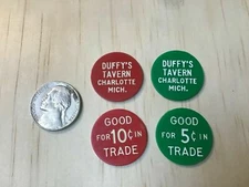 Duffy's Tavern Charlotte, MI Good For 5 & 10 Cents In Trade, MICHIGAN, 2 Tokens