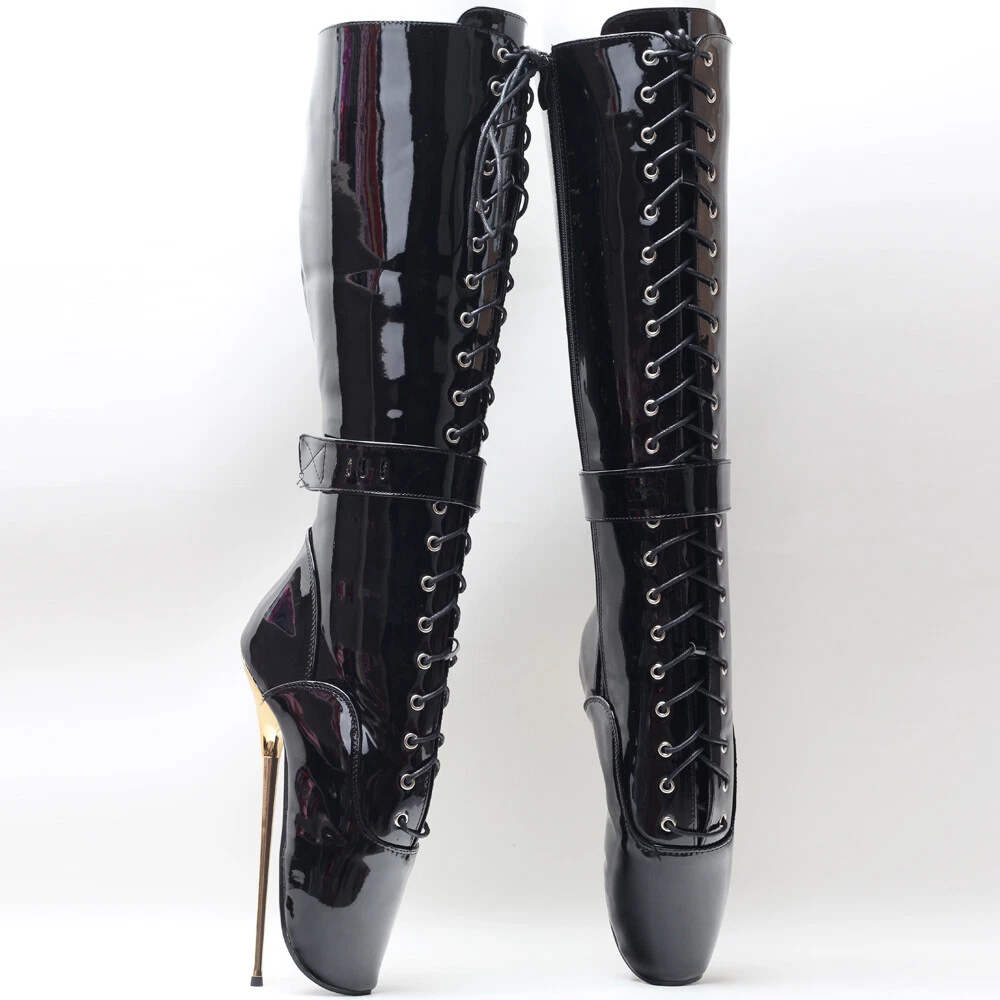 20CM High Heel Extreme Fetish Goth Ballet Boots Lace Up Metal