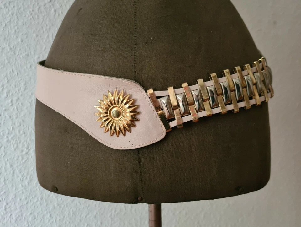Schmuck Gürtel Ledergürtel 95cm VINTAGE 80er Ethno Punk Diva Silber Rosa Leder - Bild 1 von 4
