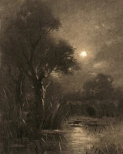 Antique Moonlit Landscape with Pond Painting Giclee Print on Fine Art Paper