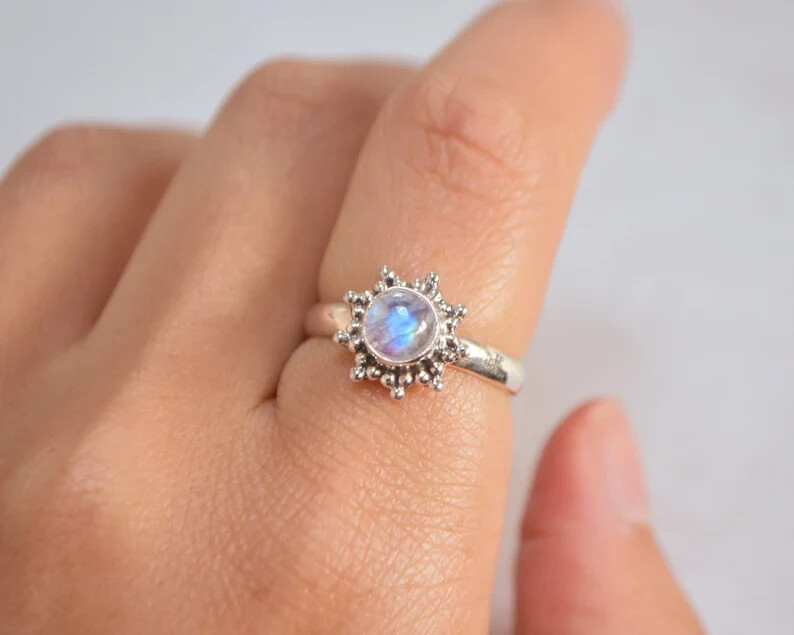 Round Natural Moonstone 925 Sterling Silver Art Deco Dainty Promise Ring  For Her