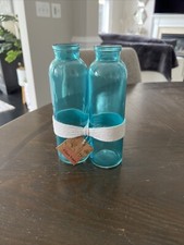 Twine Wrapped Bottles Aqua Blue Glass Farmhouse Floral Vase Decor New