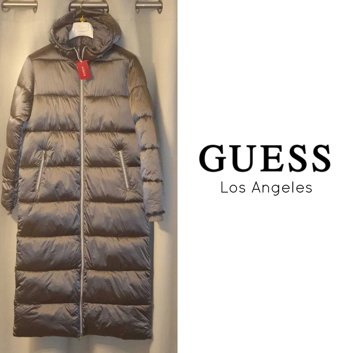 GUESS Women s Judi Hooded Puffer Long Bomber Padded Jacket Silver LARGE