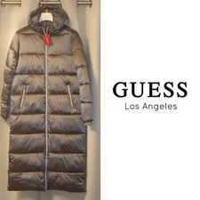 Guess Women's Judi Hooded Puffer Long Bomber Padded Jacket Silver Large