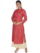 Indian Style Women Printed Cotton Blend Straight Kurta For Red Gold Color