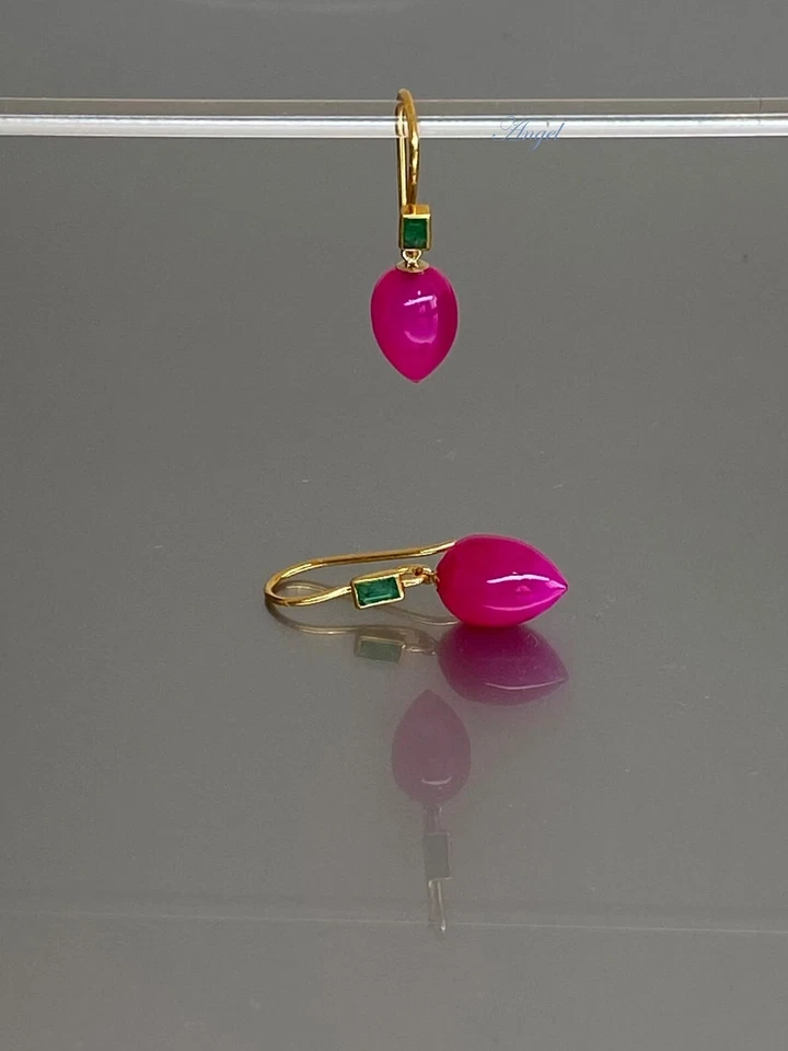 Natural Green Emerald & Hot Pink Chalcedony Earring 14k Yellow Magenta Stone - Image 2 of 4