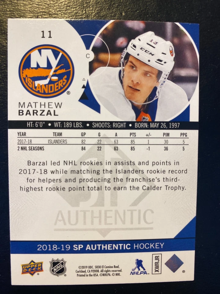 Mathew Barzal 2018-19 SP Authentic Upper Deck #11 New York Islanders - Image 2 of 2