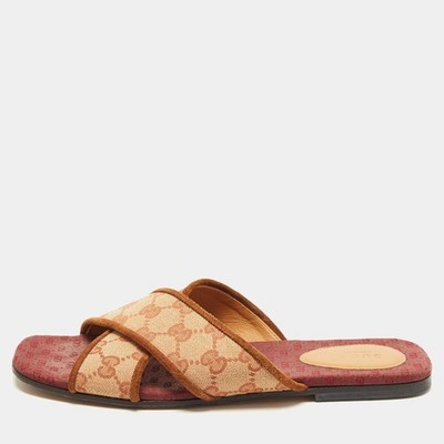 Gucci GG Logo Size 39 Brown Canvas and Suede Crisscross Slide Sandals